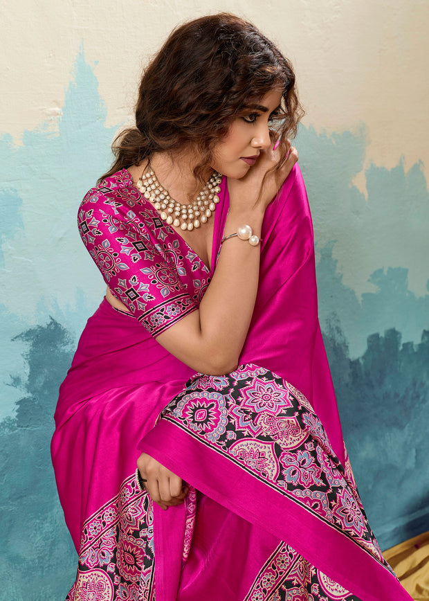 Princess Pink Printed Satin Silk Saree