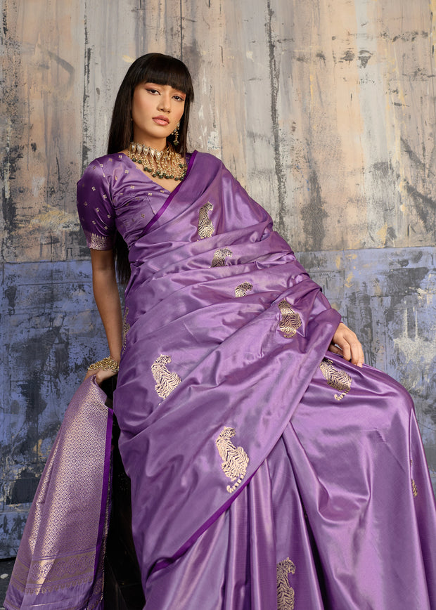 Lavender Purple Woven Banarasi Satin Silk Saree