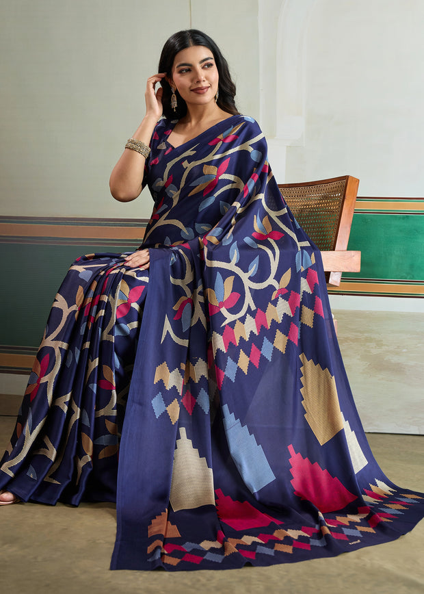 Twilight Blue Printed Satin Silk Saree