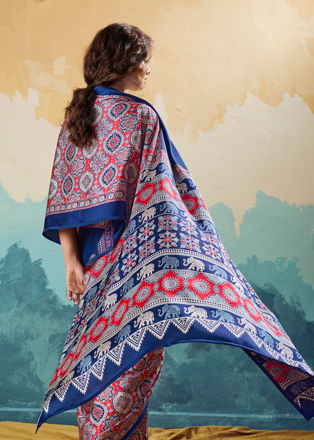 Nautical Blue Printed Satin Silk Saree