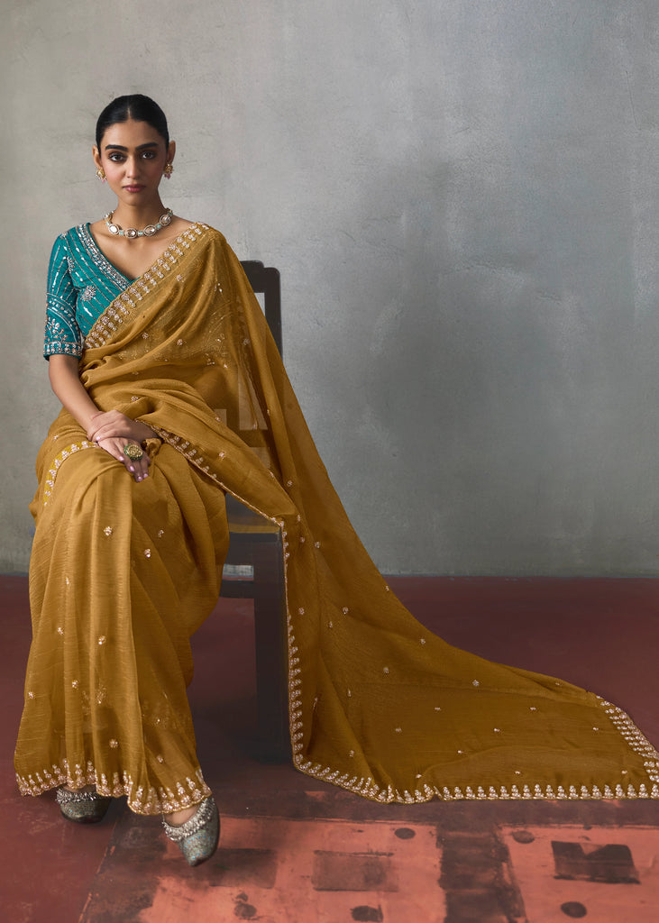 Mustard Yellow Embroidered Silk Saree With Heavy Blouese