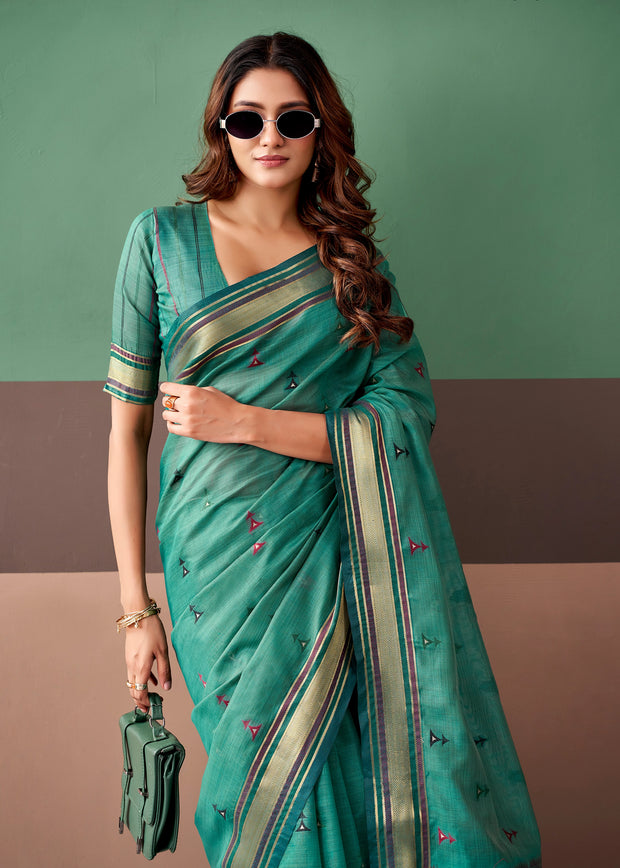 Teal Green Woven Cotton Silk Saree