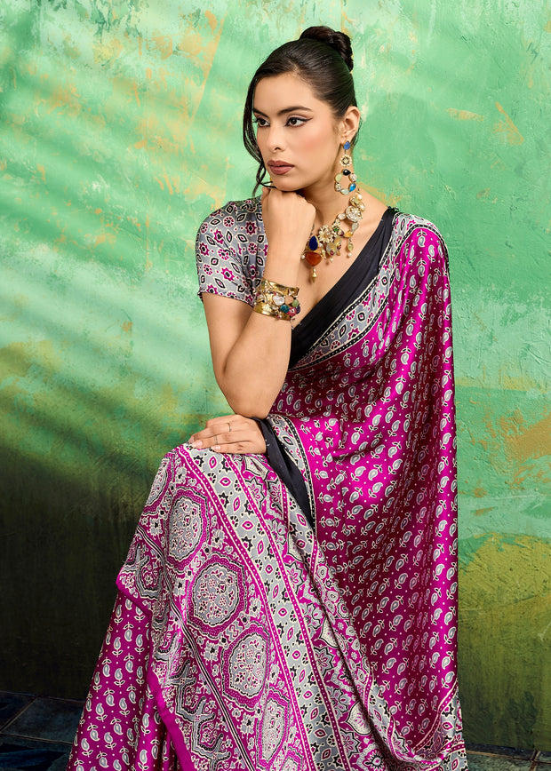 Orchid Purple Printed Satin Silk Saree