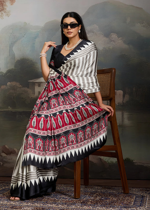Black And White Printed Satin Silk Saree