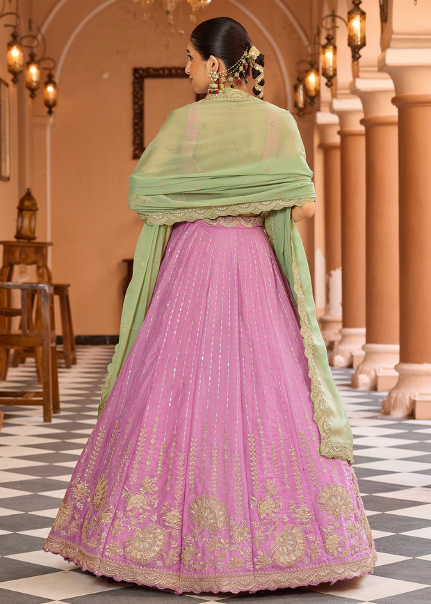 Pink Tissue Embroidered Semi-Stitched Lehenga