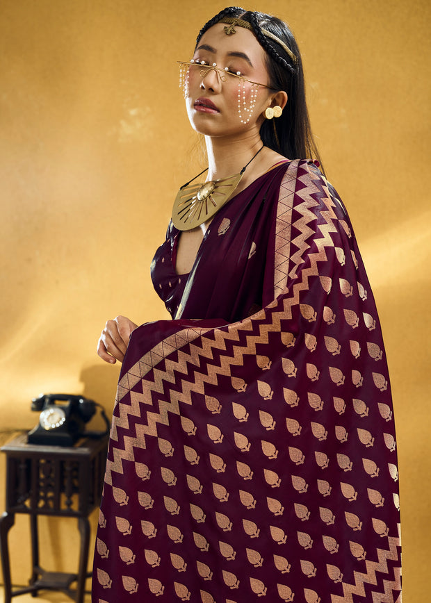 Wine Purple Woven Banarasi Satin Silk Saree