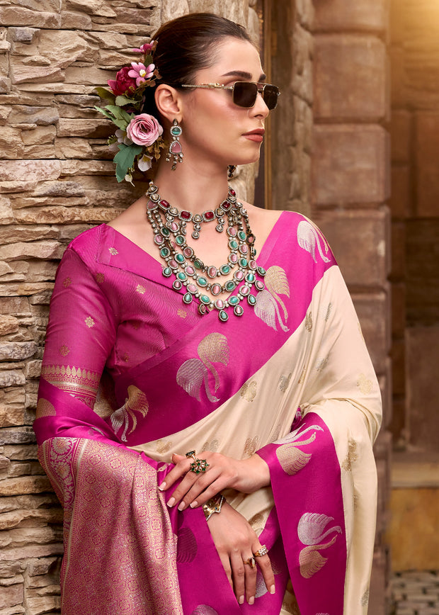 White And Pink Banarasi Satin Silk Saree