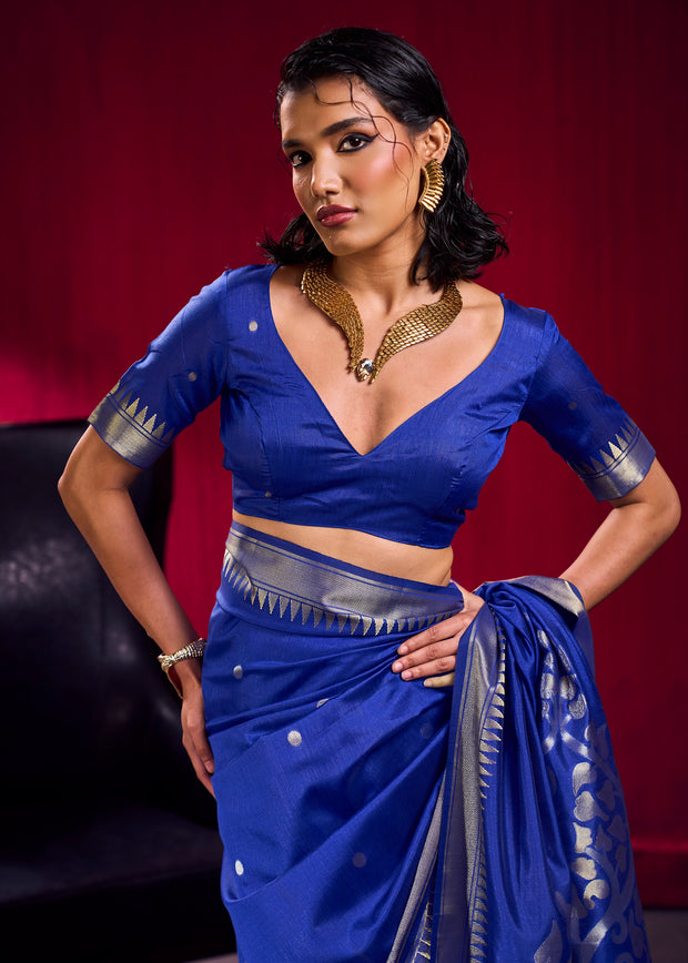 Indigo Blue Banarasi Satin Linen Silk Saree