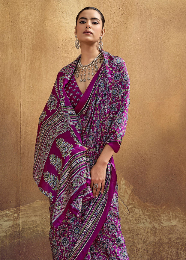 Magic Purple Printed Satin Silk Saree
