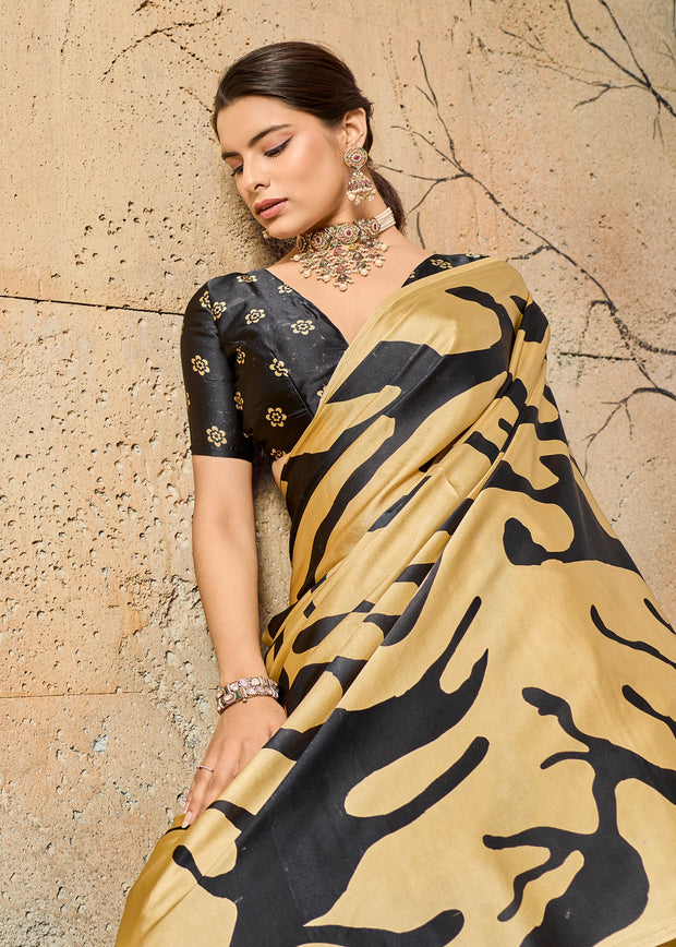 Classic Cream Printed Satin Silk Saree