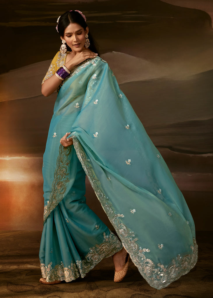 Aqua Blue Embroidered Designer Organza Saree
