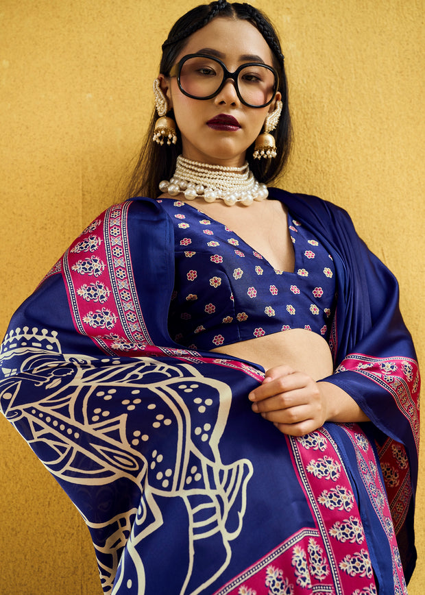 Royal Blue Satin Silk Saree with Ajrakh Printed Pallu and Blouse