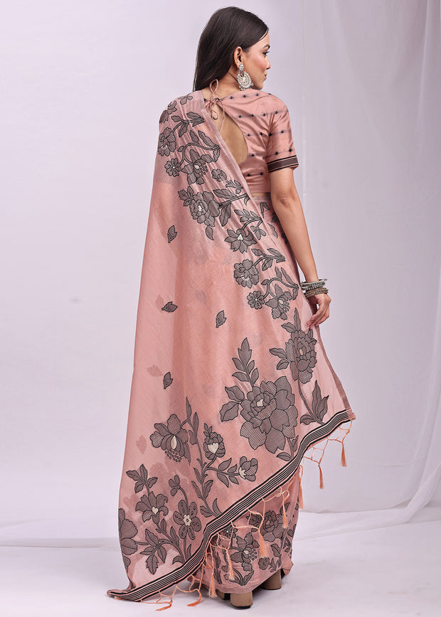 Rose Peach Woven Cotton Linen Silk Saree