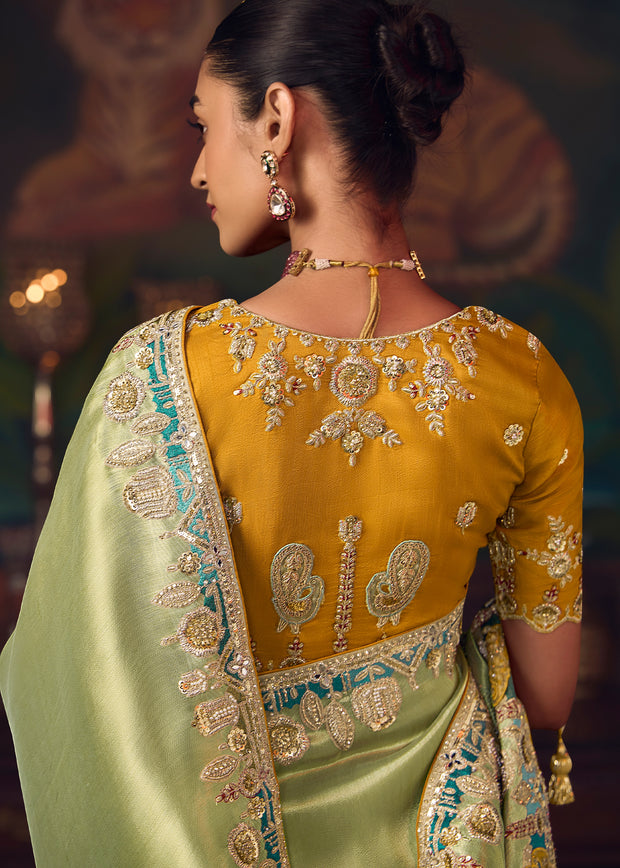 Pista Green Designer Embroidered Saree