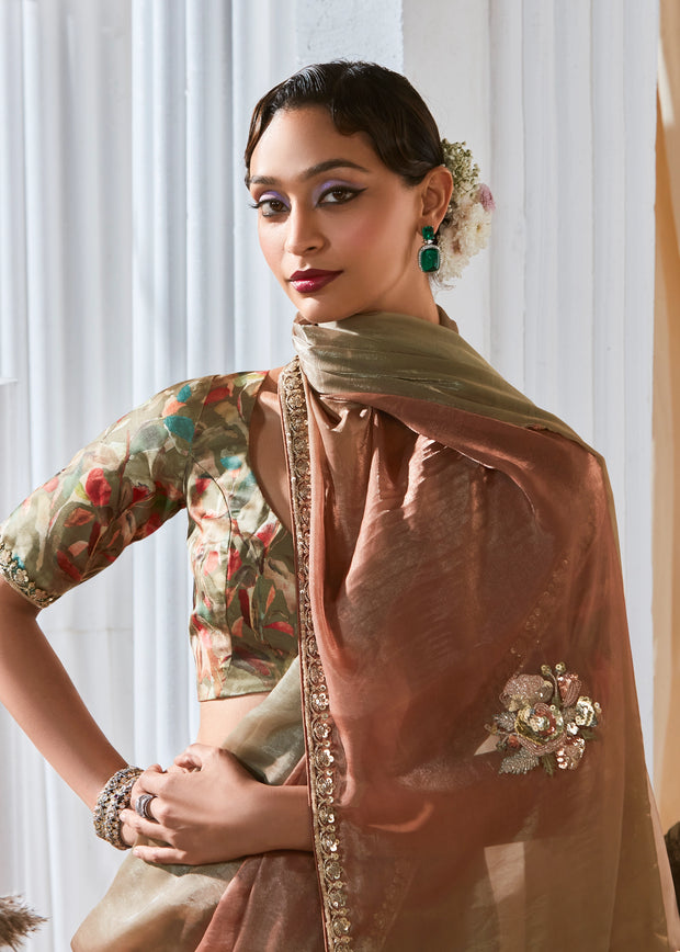 Olive Brown Designer Silk Saree