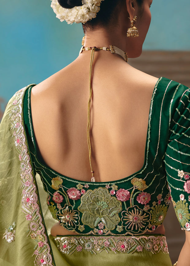 Kiwi Green Embroidered Designer Saree
