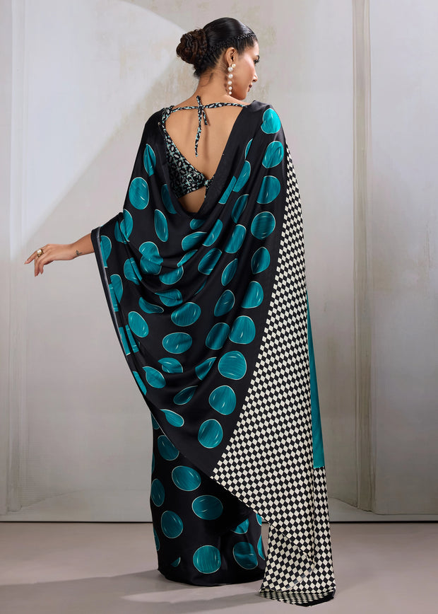 Teal Blue Printed Satin Silk Saree