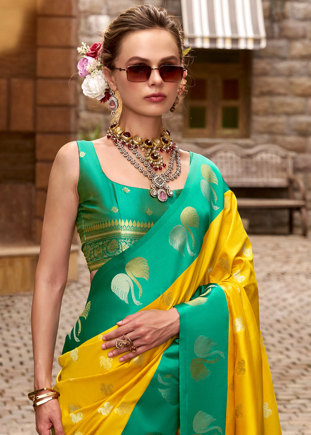 Yellow And Green Banarasi Satin Silk Saree