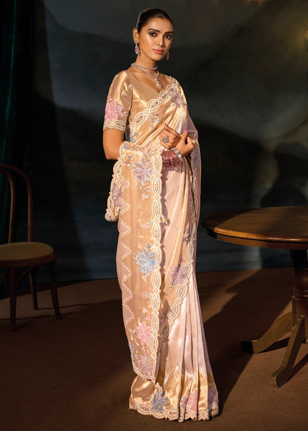 Golden Cream Embroidered Silk Saree