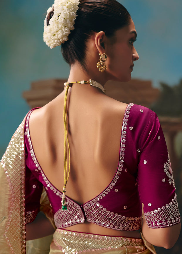 Golden And Pink Embroidered Designer Saree