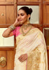 Snow White Woven Banarasi Designer Silk Saree With Contrast Blouse