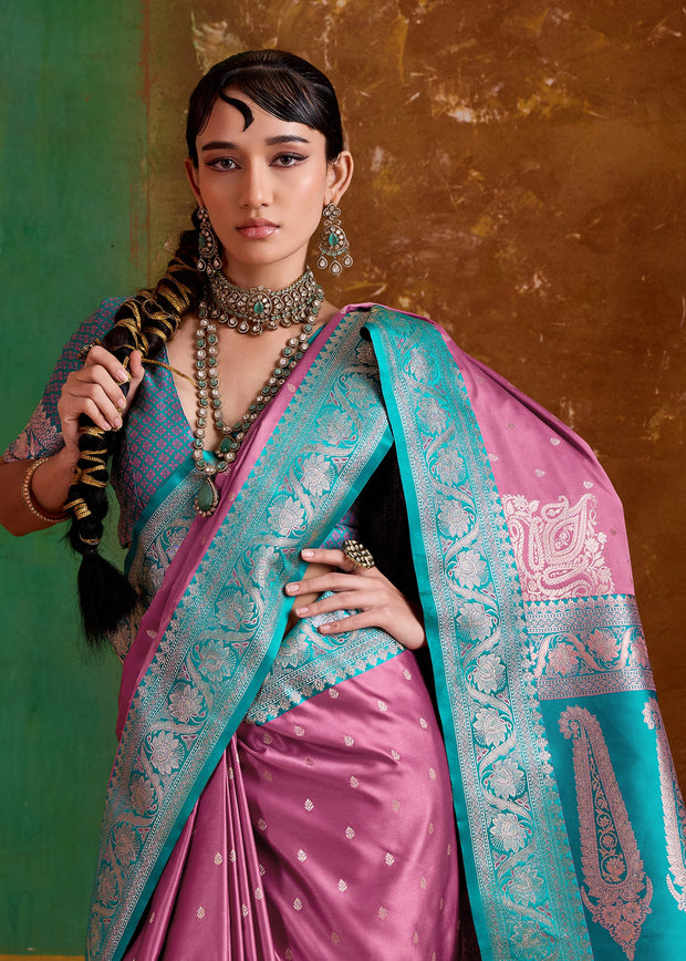 Lilac Pink Banarasi Satin Silk Saree
