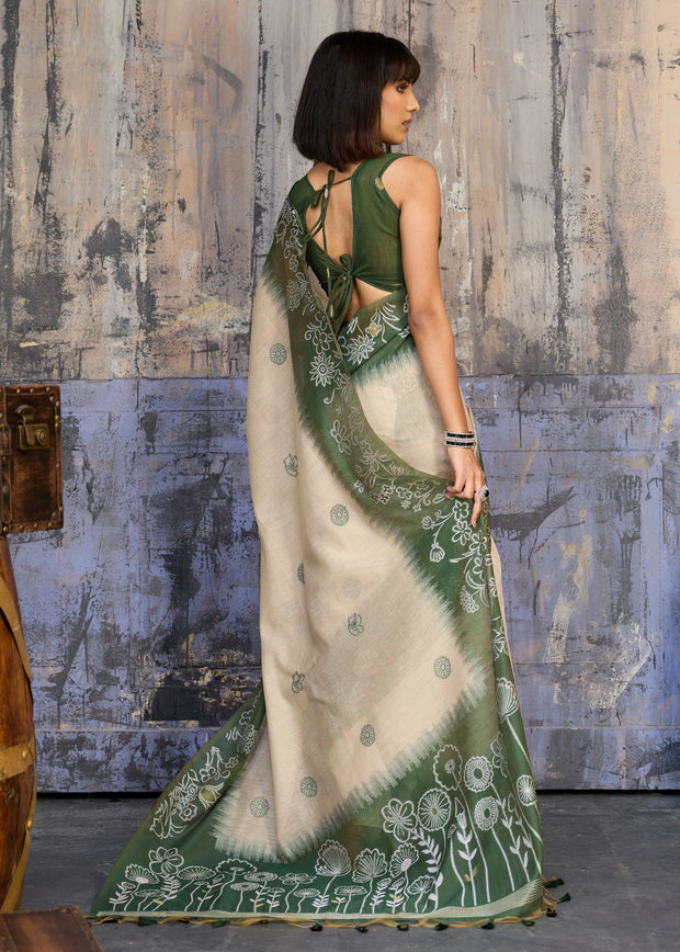 Antique Green Printed Cotton Silk Saree