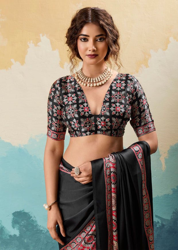 Jet Black Printed Satin Silk Saree