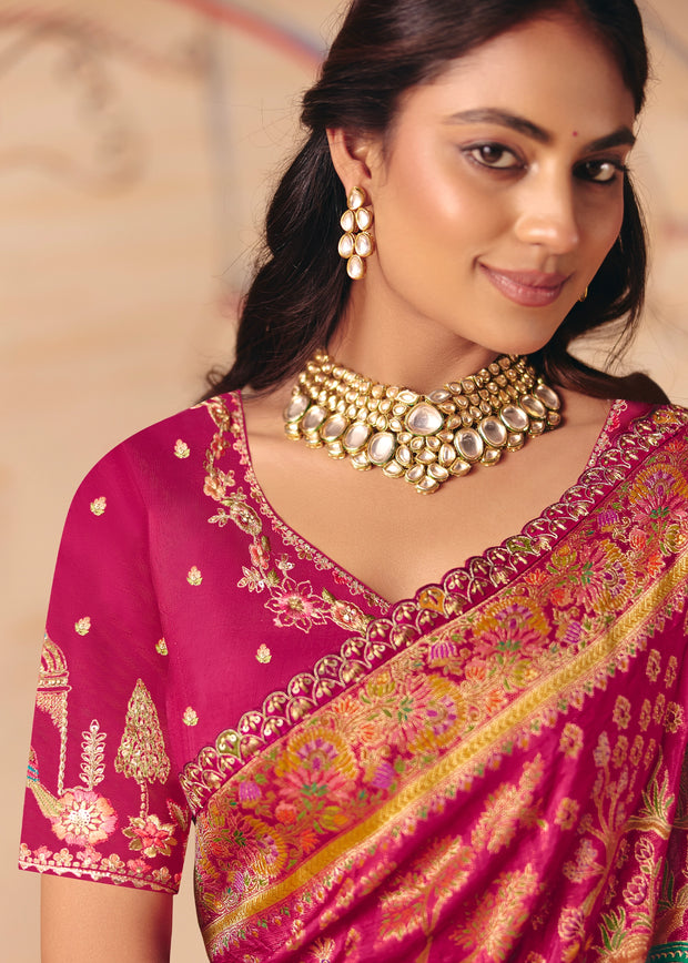 Fuchia Pink Designer Embroidered Saree
