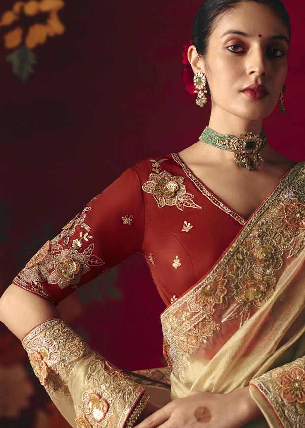 Cream Beige Designer Embroidered Saree