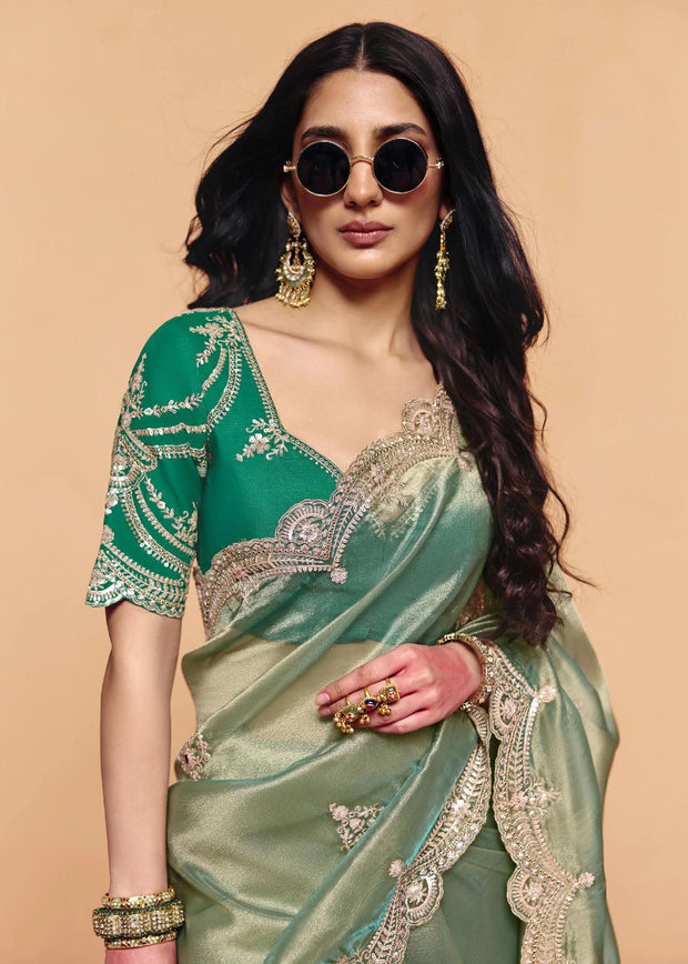 Irish Green Embroidered Designer Tissue Saree