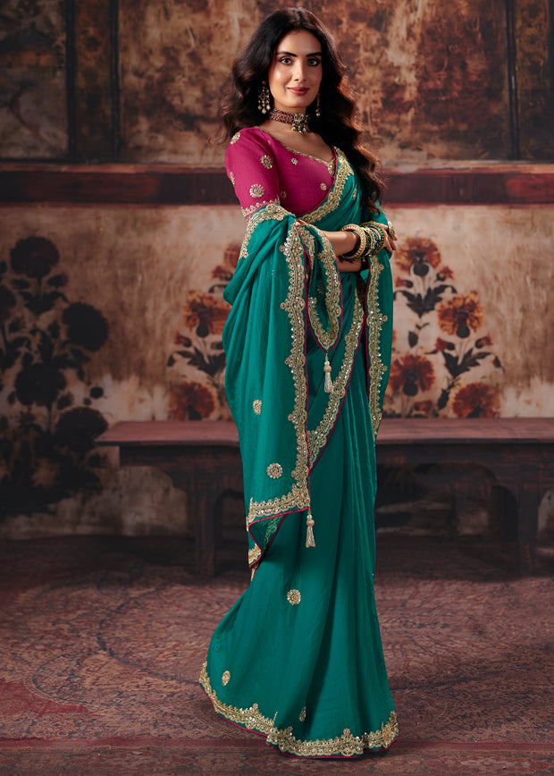 Rama Green Designer Silk Saree With Embroidered Blouse