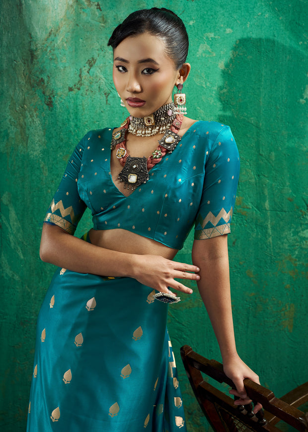 Teal Blue Woven Banarasi Satin Silk Saree