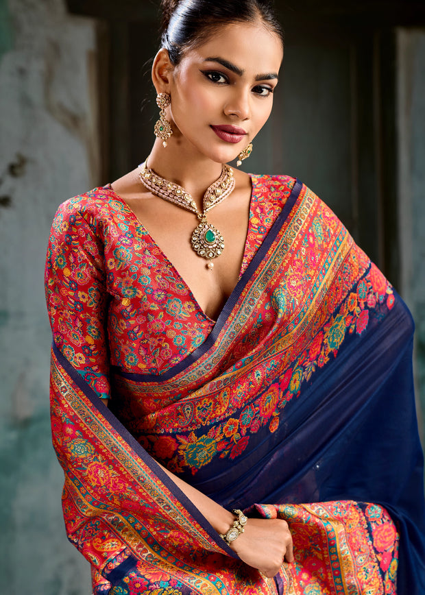 Navy Blue Woven Cotton Kashmiri Jamewar Saree