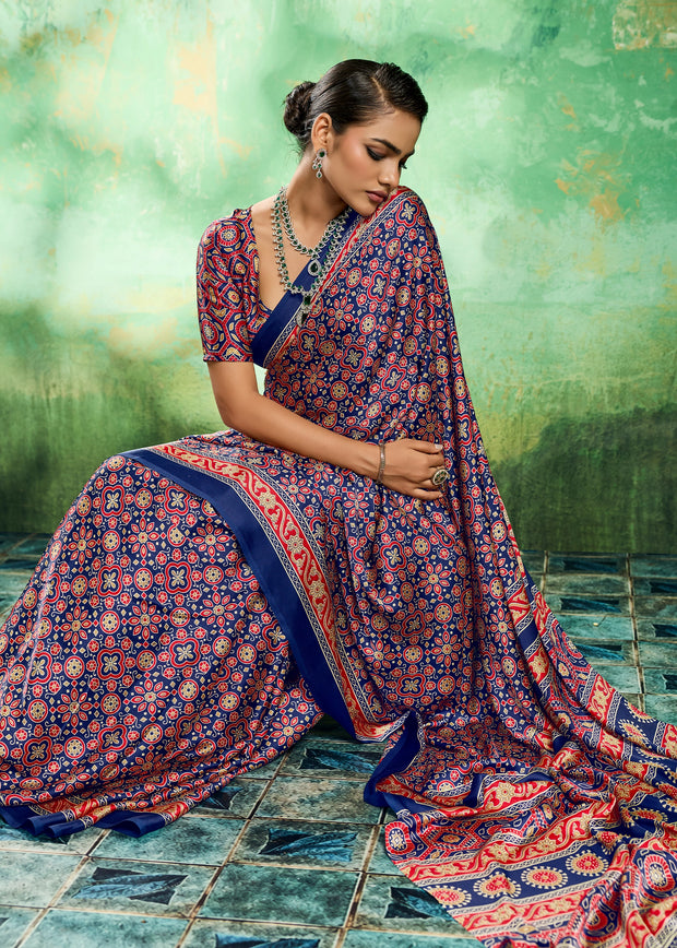 Blue Printed Satin Silk Saree