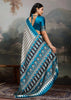 Ocean Blue And White  Printed Satin Silk Saree