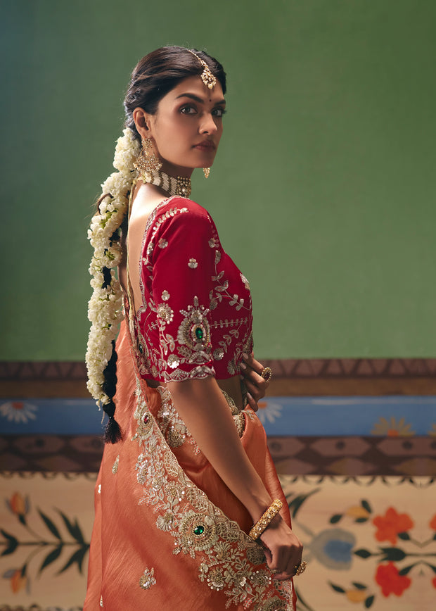 Rust Orange Embroidered Designer Saree