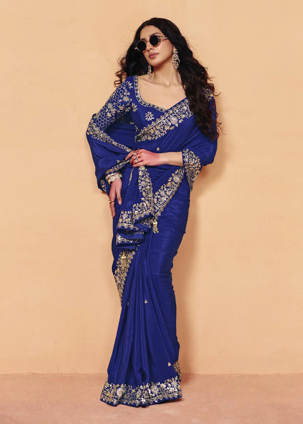 Ultramarine Blue Embroidered Designer Tissue Saree