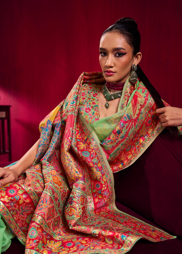Jasmine Green Woven Cotton Kashmiri Jamewar Saree