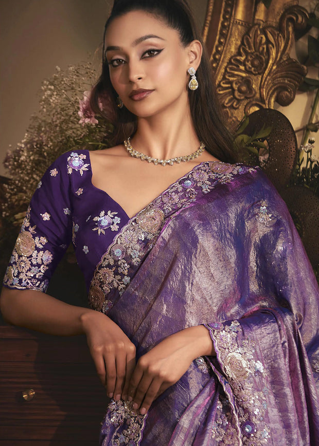 Grape Purple Designer Tissue Organza  Saree
