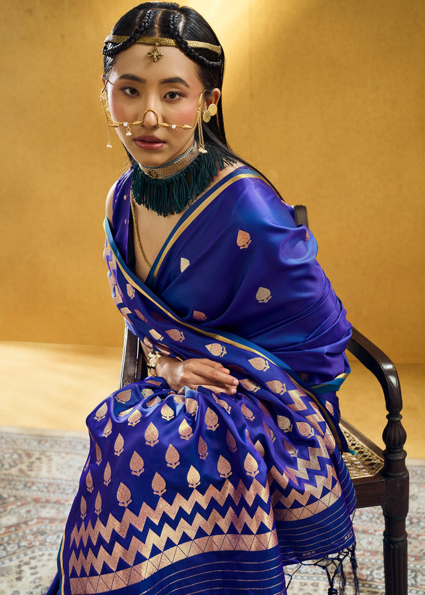 Indigo Blue Woven Banarasi Satin Silk Saree
