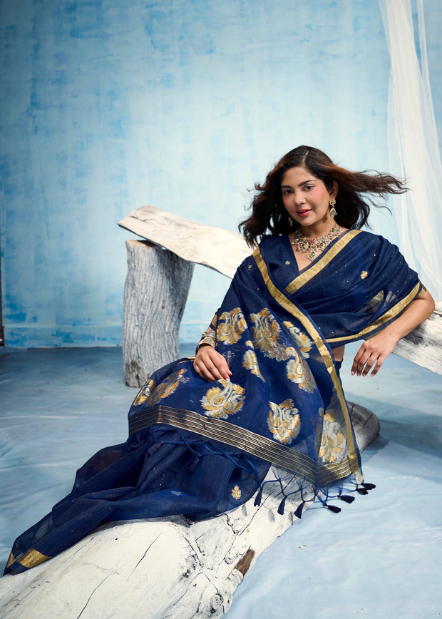 Midnight Blue Woven Cotton Silk Saree
