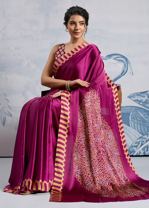 Fuchsia Purple Satin Silk Saree with Ajrakh Printed Pallu and Blouse