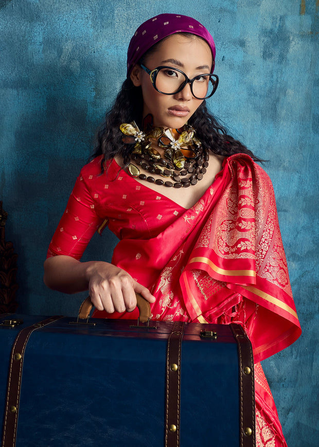 Vermilion Red Woven Banarasi Satin Silk Saree