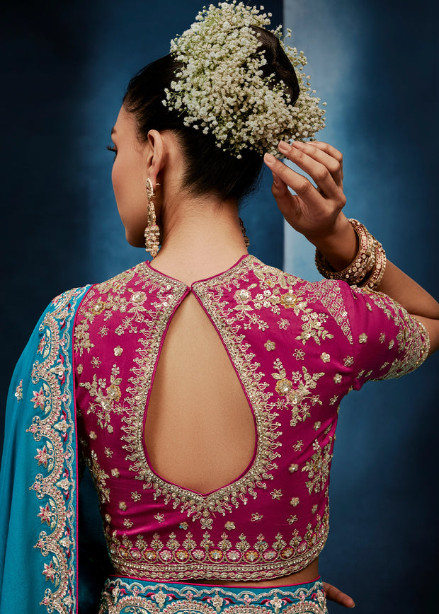 Teal Blue Embroidered Designer Tissue Saree