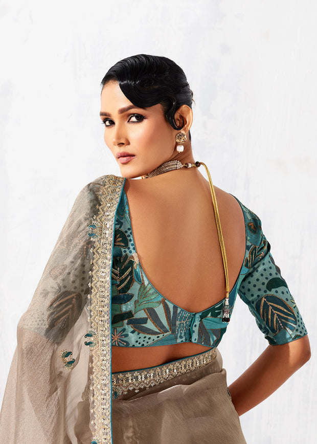 Taupe Grey Embroidered Designer Saree