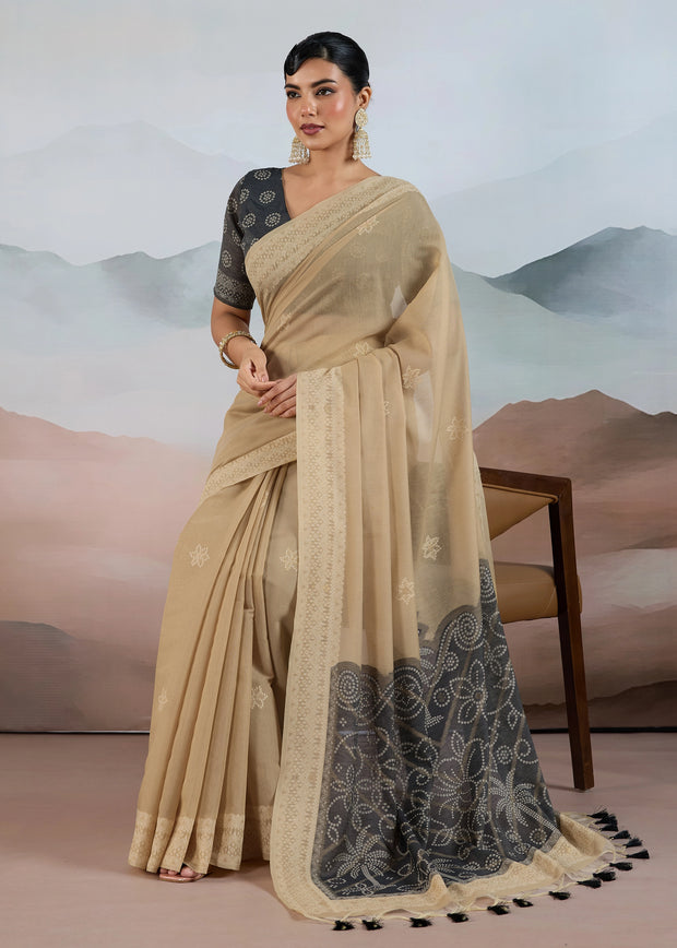 Sand Beige Woven Cotton Saree
