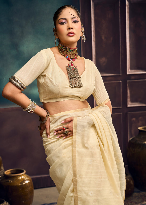 Cream White Woven Munga Cotton Silk Saree