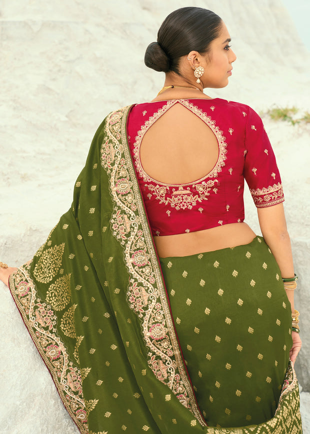 Bottle Green Woven Banarasi Embroidered Soft Silk Saree