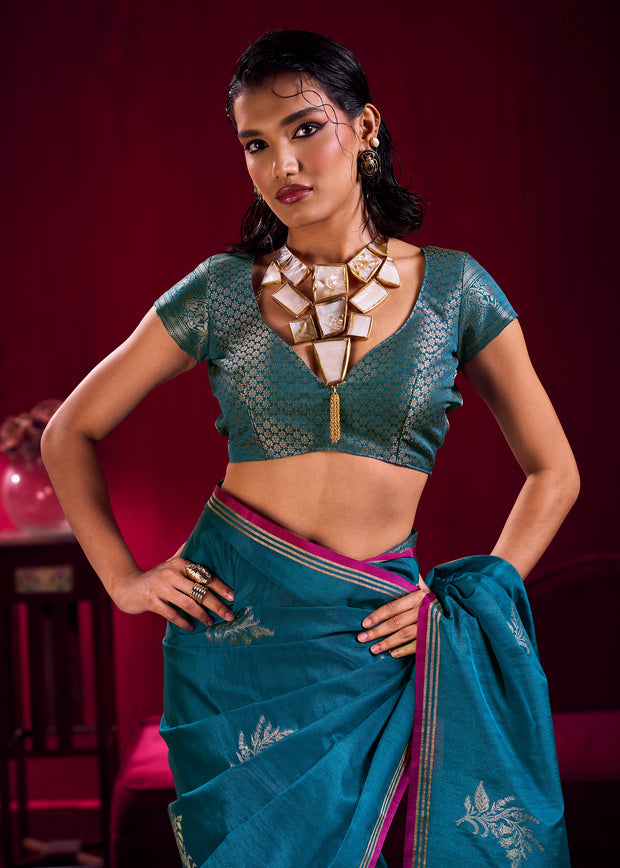 Moroccan Blue Woven Banarasi Satin Linen Silk Saree